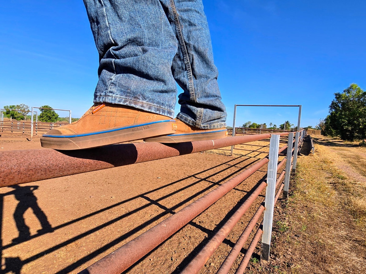 #55 Select slip-on resting on a stockyard rail under blue sky